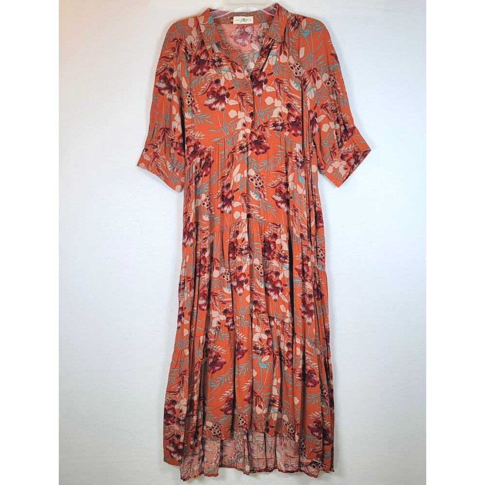 Natural Life Womens Floral Tiered Button Maxi Dress Size Large Orange Boho Fall